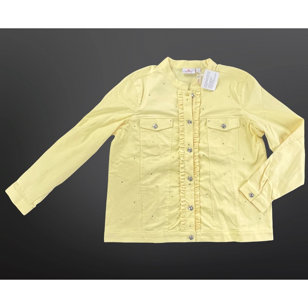 Quacker Factory Womens XL Jacket Yellow Rhinestone Ruffle Button Front NWT - Picture 3 of 16